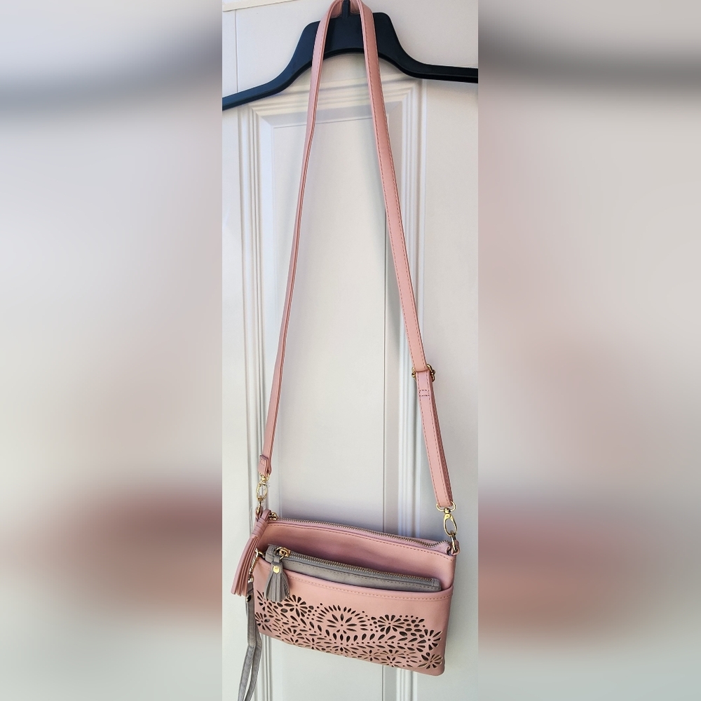 Pink Floral LaserCutout Convertible Crossbody Bag With Gray Clutch
